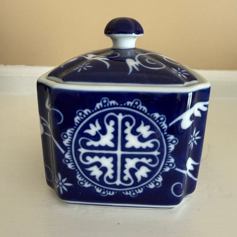 Bombay Company Blue & White Lidded Container | Small Square Decorative Ceramic J